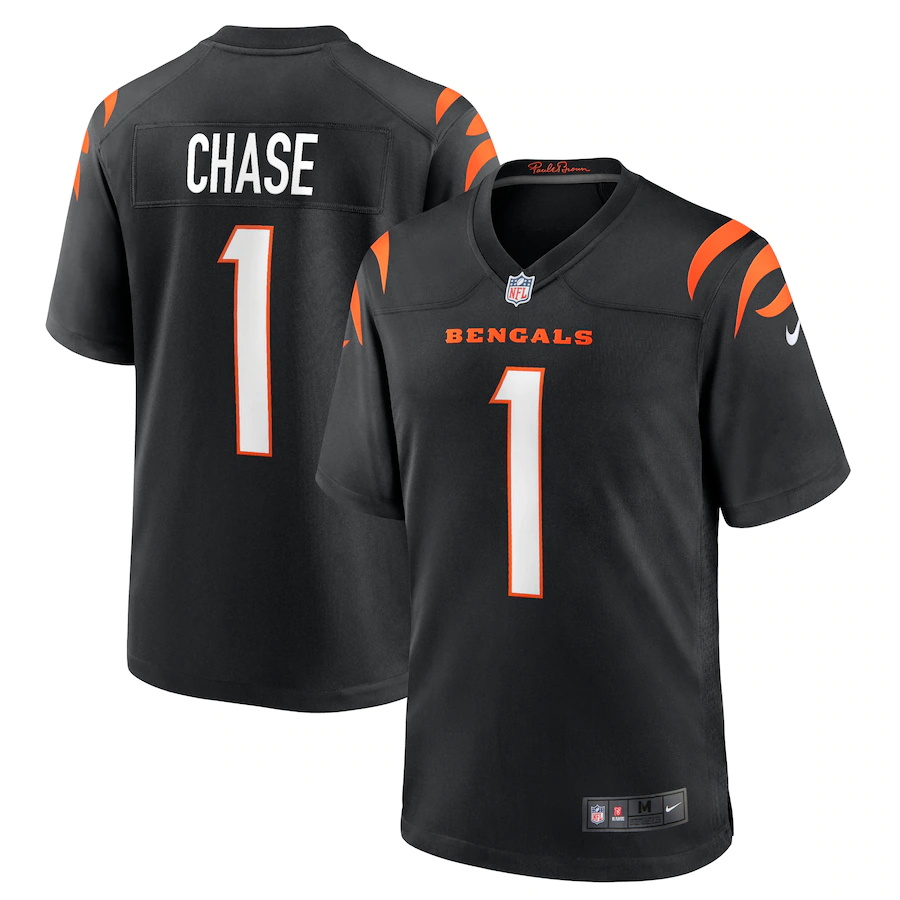 Mens Cincinnati Bengals #1 JaMarr Chase Nike Black 2021 NFL Draft First Round Pick No. 5 Game Jersey->denver broncos->NFL Jersey